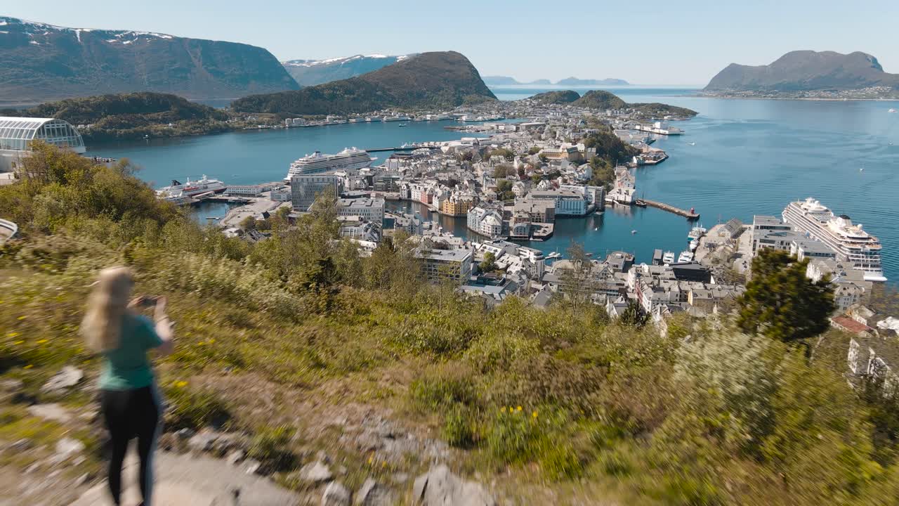 Bird's eye view of Alesund port town on the west coast of Norway, at the entrance to the Geirangerfjord