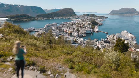 Bird's-eye-view-of-Alesund-port-town-on-the-west-coast-of-Norway,-at-the-entrance-to-the-Geirangerfjord