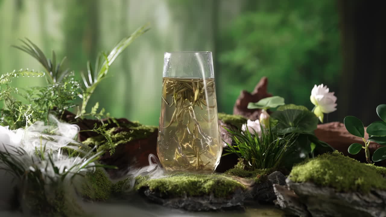 Glass teapot of Tranquil Tea still life film food culture Moment: Aromatic Herbal Infusion with Mountain View in Tropical Paradise