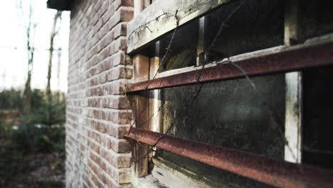 rusty window bars on an abandoned brick building