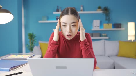 Young-Asian-woman-loses-her-mood-when-she-sees-what-she-sees-on-the-screen-while-looking-at-the-laptop.