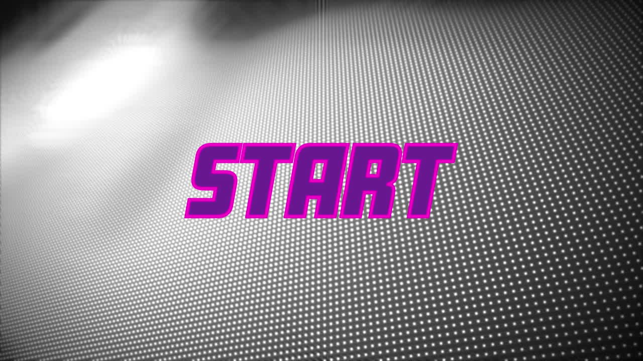 animación digital del texto inicial púrpura contra un fondo gris con gradiente texturizado punteado