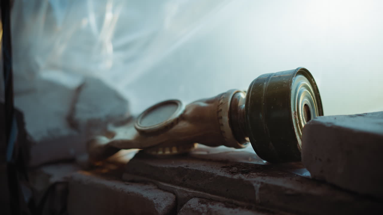 Close up of old gas mask with faded lens and metal filter lying on rough brick wall under cold light, scene evokes post-apocalyptic atmosphere, chemical warfare and radiation survival