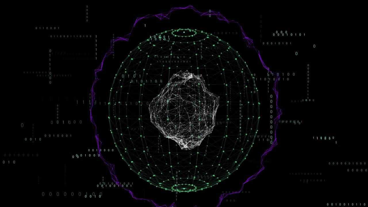 Animation of data processing and shapes on black background