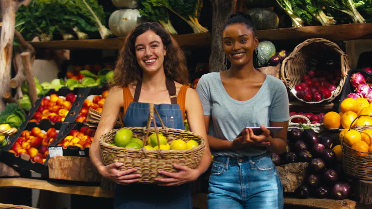 retrato de dos mujeres sonrientes con tableta digital trabajando en un puesto de frutas y verduras frescas en el mercado