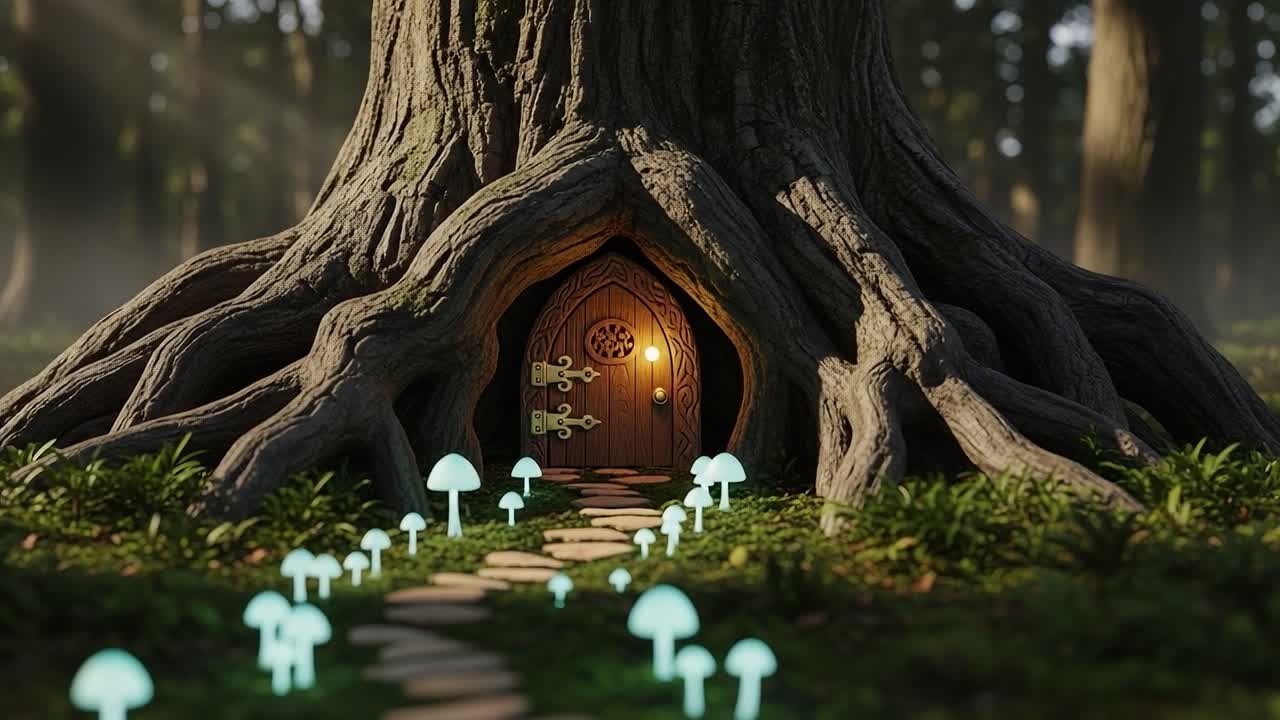 Enchanted Forest: Magical Tree Doorway Surrounded by Glowing Mushrooms Leading to a Hidden Fantasy Realm in a Mystical Grove