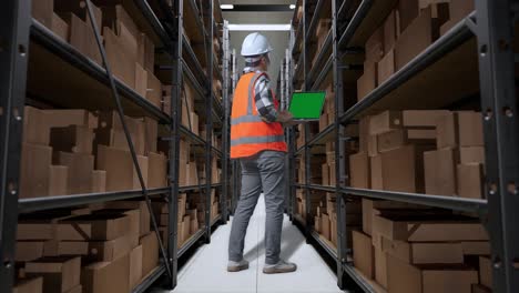 vista trasera completa del cuerpo de un ingeniero masculino asiático con casco de seguridad trabajando en una computadora portátil de pantalla verde mientras estaba de pie en el almacén con estantes llenos de productos de entrega