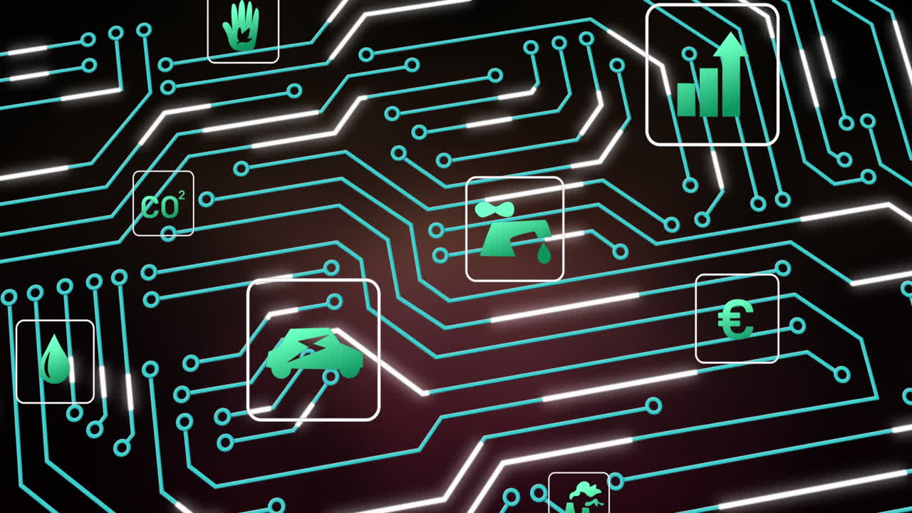 animación de las conexiones del microprocesador y múltiples iconos digitales contra un fondo gris