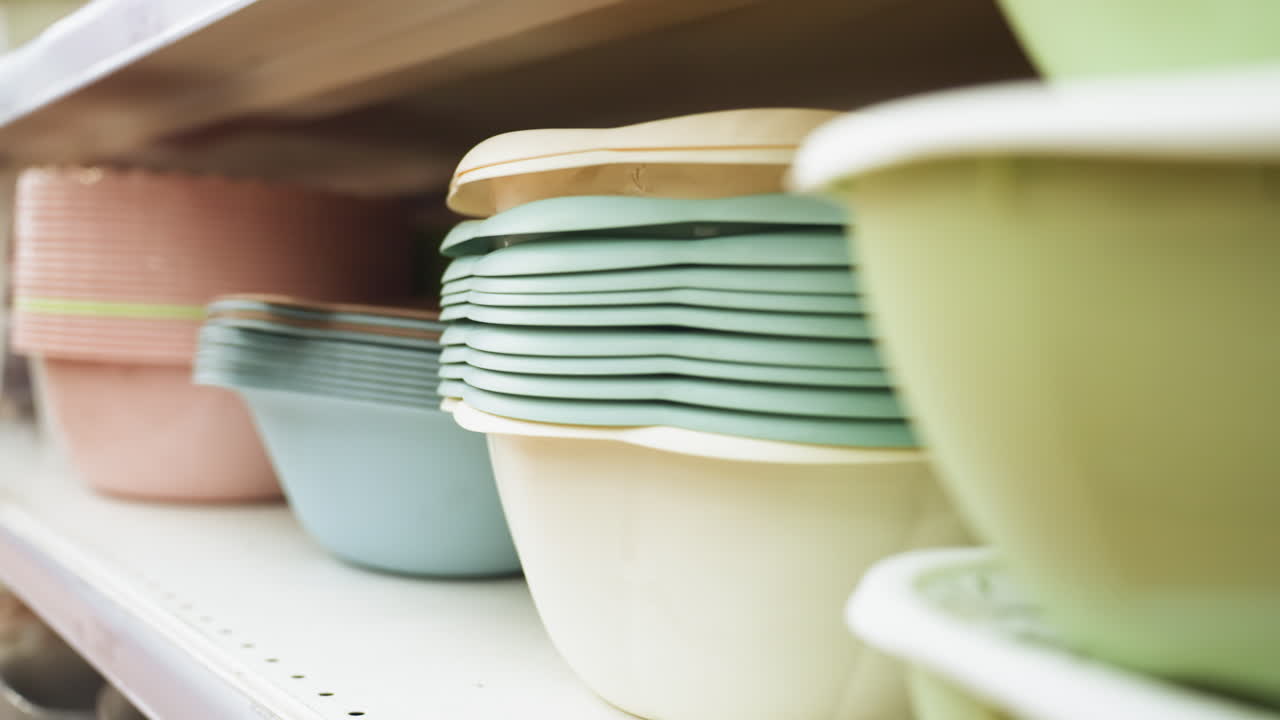 상점 선반에 정교하게 배열된 다양한 크기와 색의 그을 볼 수 있습니다. 드 헬드 카메라로 촬영 된 이 비디오는 주방 용품의 조직과 다양성을 강조합니다.