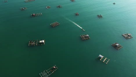 paseos en barco a través de corrales marinos flotantes para la cría de langosta, acuicultura mertak