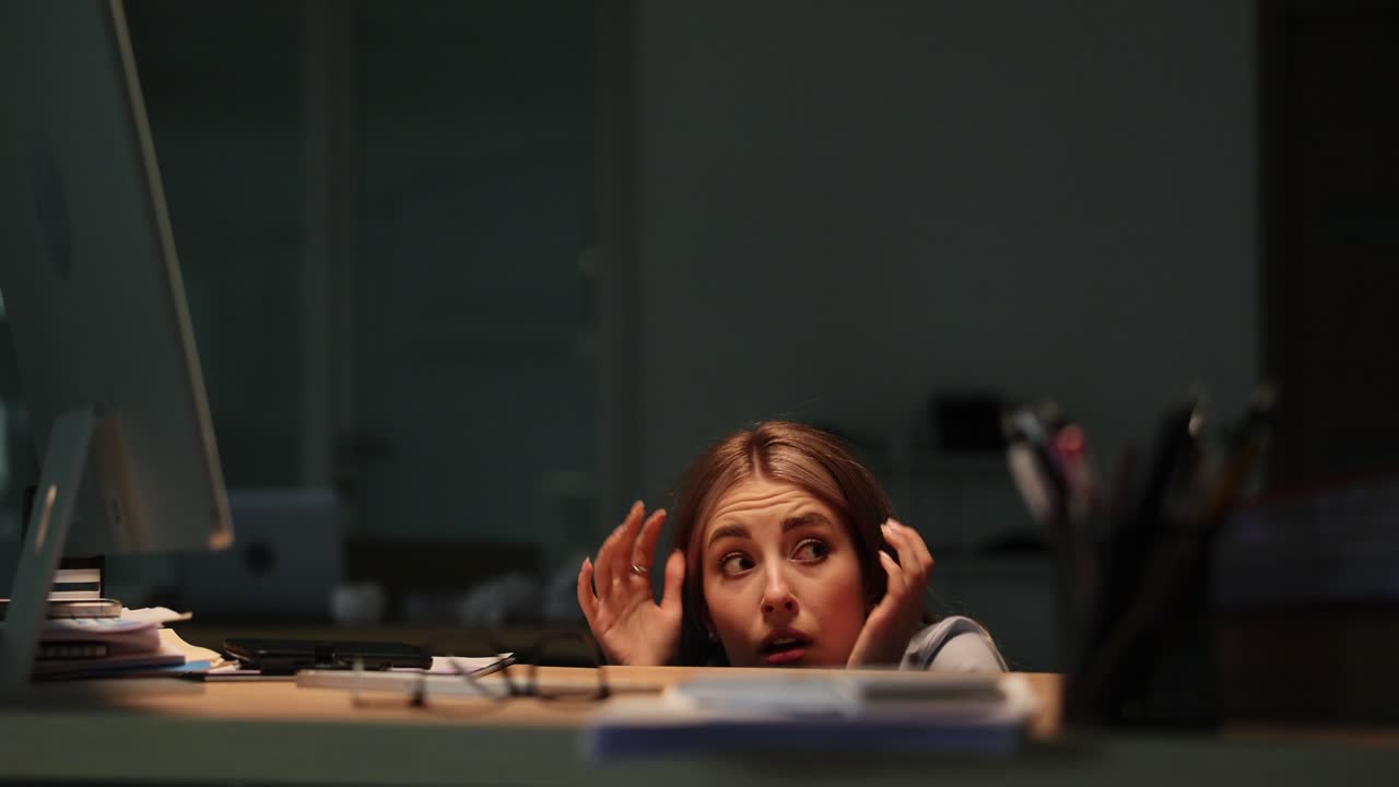 Stressed Office Worker Hiding and Struggling at Desk