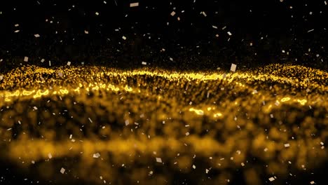 Animation-of-gold-confetti-falling-over-gold-moving-wave