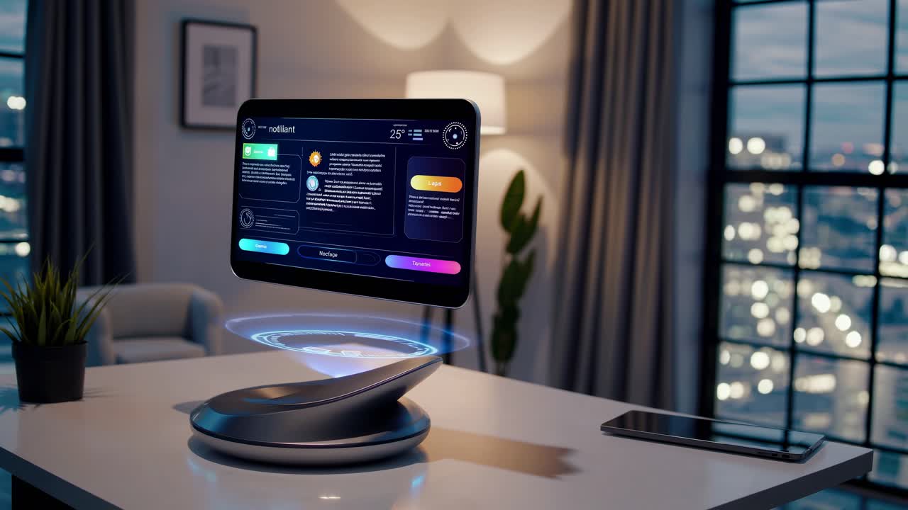 Futuristic smart home interface in a modern living room video