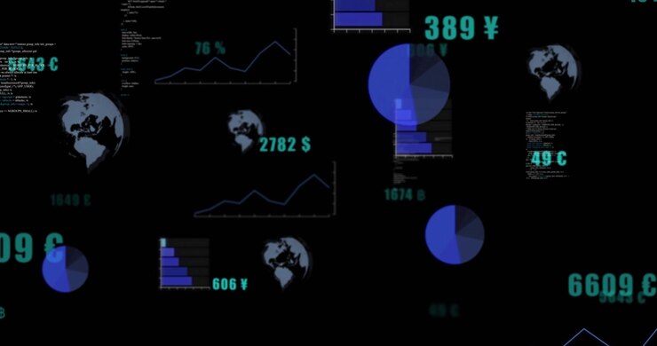Dark screen showing 2173€ initiating pulsing charts, rotating globes, updating labels for finance