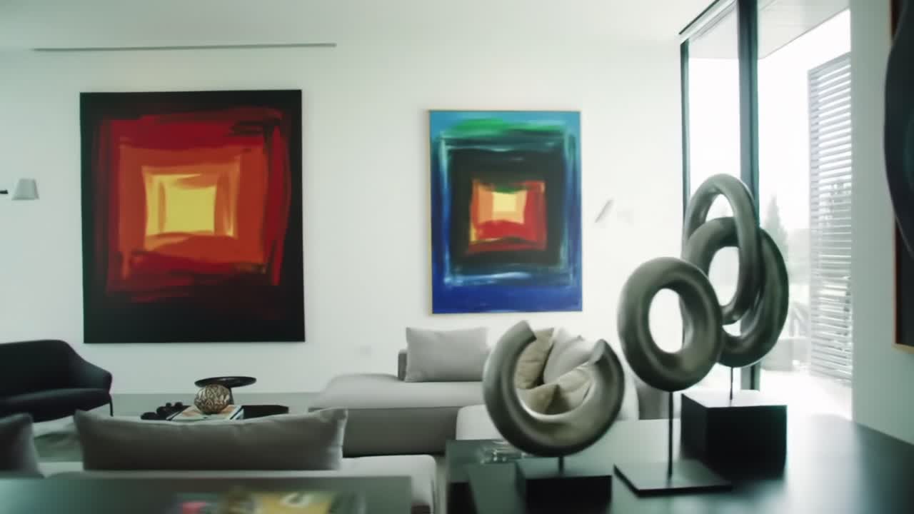 Contemporary Living Space Showcasing Striking Abstract Art with Elegant Sculptures and Modern Furniture for Stylish Interior Design Inspiration