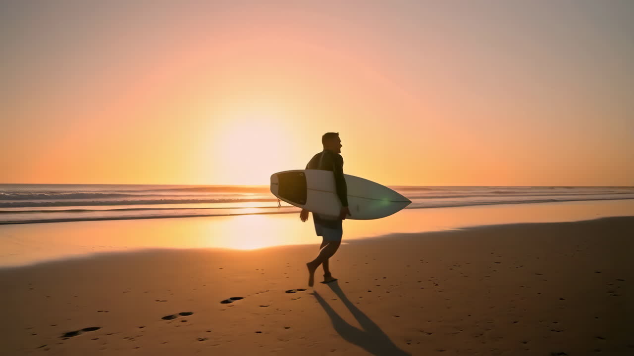 Surfista che cammina sulla spiaggia al tramonto dorato