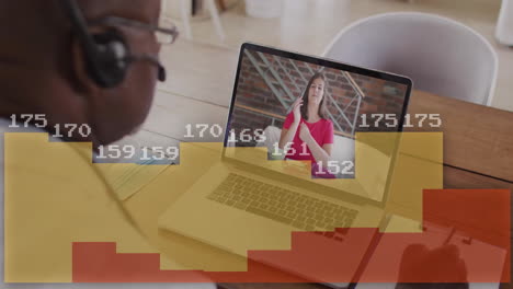 Animation-of-data-processing-and-diagram-over-diverse-colleagues-having-video-call-in-office