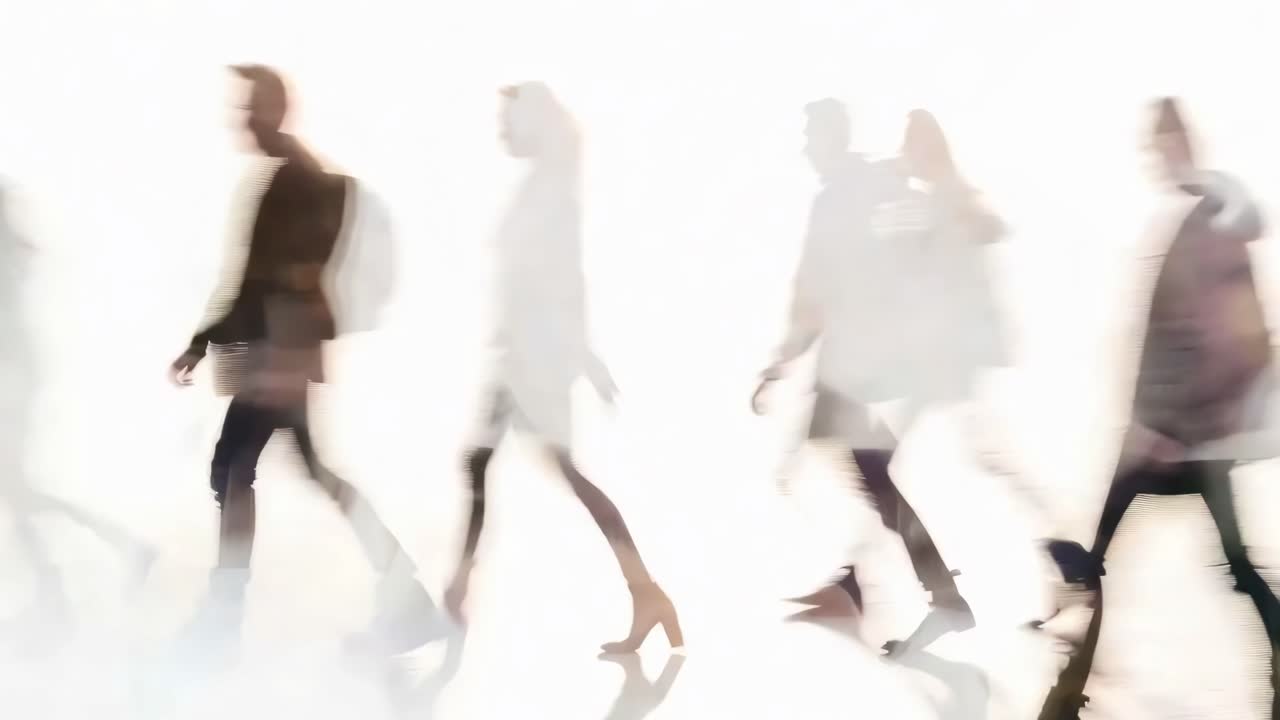 Silhouetted figures walking in motion blur, captured from a side angle