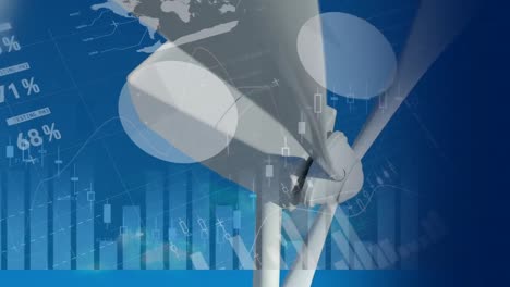 animación digital del procesamiento de datos financieros sobre el molino de viento girando contra un fondo azul