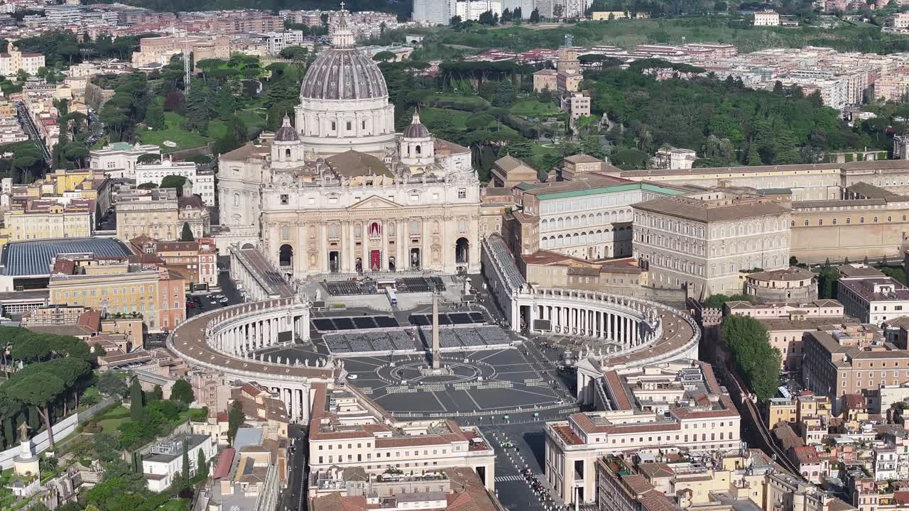 Vatican City At Rome In Lazio Italy. San Pedro Basilica Above View. Catholic Church. Vatican City At Rome In Lazio Italy. San Pedro Square Scene. Religious Background. Rome Skyline.