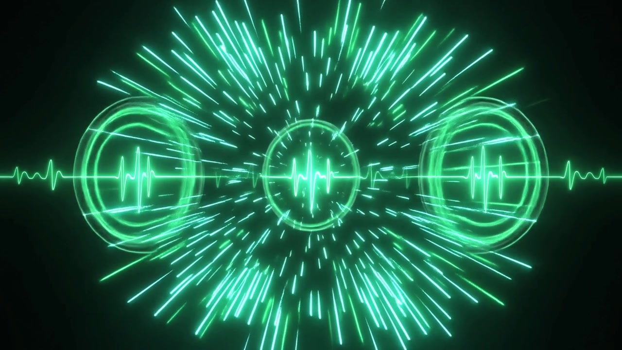 Abstract Green Neon Audio Waveform Visualization with Radial Light Burst