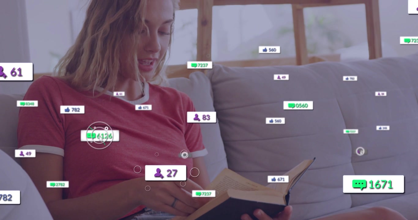 Woman reading on sofa turning pages, sparking likes and followers floating around her for marketing
