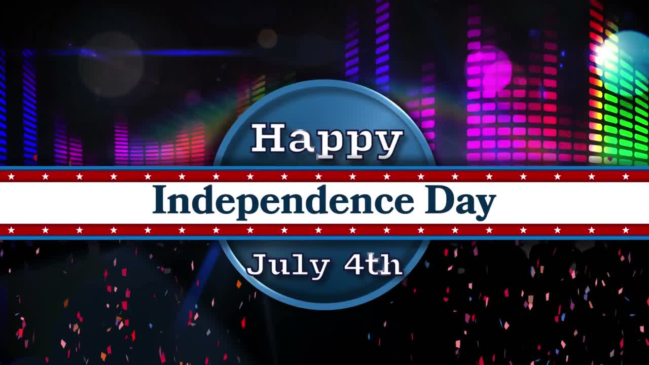 춤추는 사람들의 실루 ⁇  위로 떨어지는 콘페티에 맞서 행복한 독립기념일 텍스트 배너