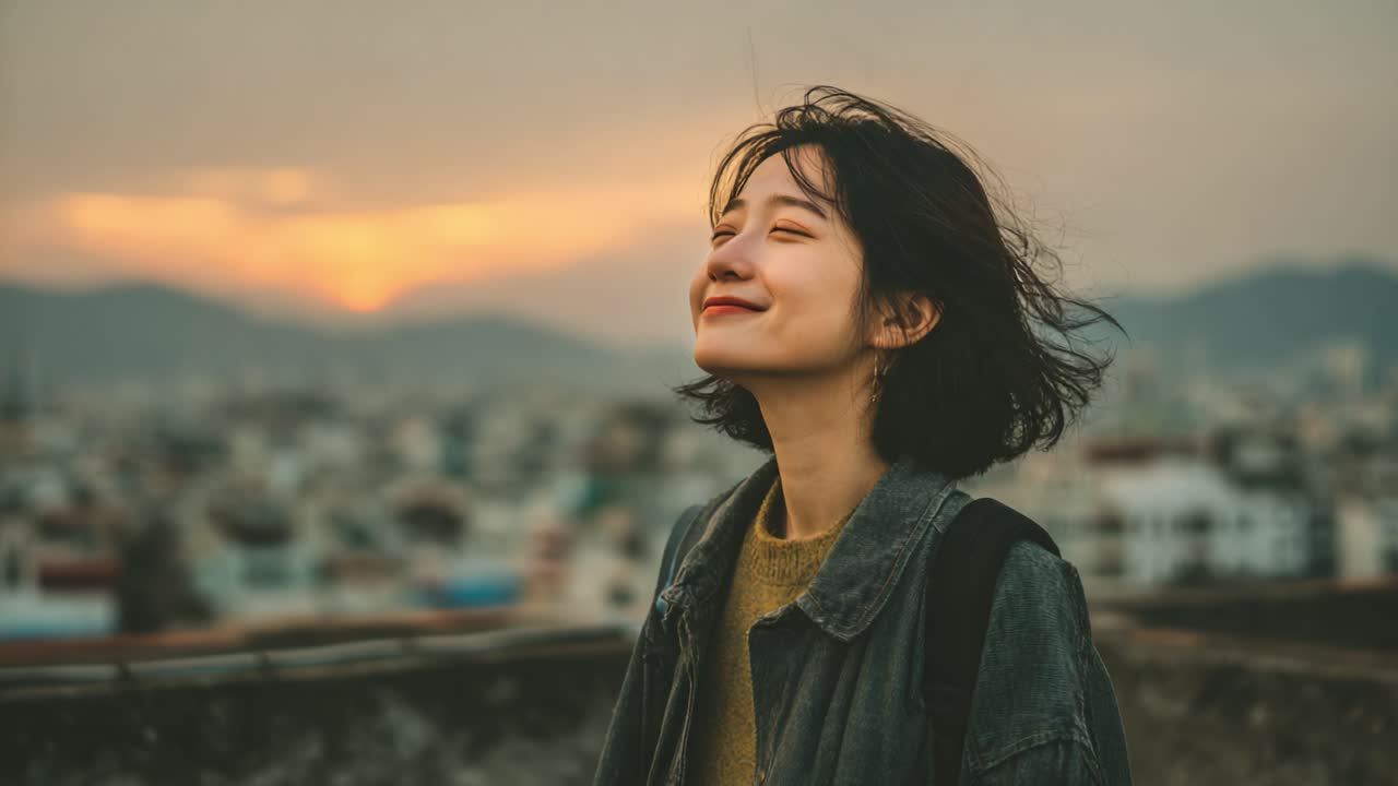 A Moment of Joy: Capturing the Blissful Expression of a Young Woman Against a Scenic Sunset Background with Urban Vibes