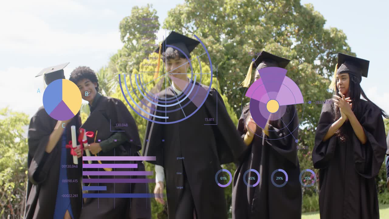 Graduates celebrating on lawn, clapping while one raising diploma exits, infographics tracking