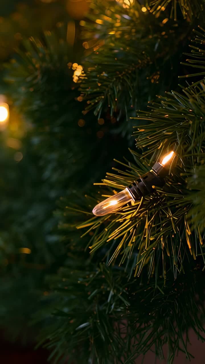 Vertical video: Camera nudging lit clear bulb in pine needles showing warm glow, cord, copy space