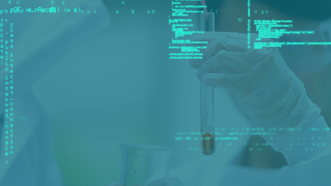 animación del lenguaje informático sobre diversos científicos que ponen líquido en un tubo de ensayo