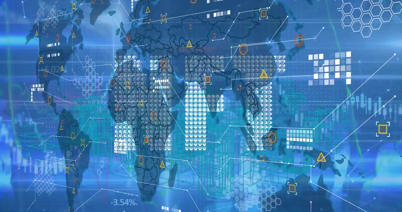 Animation of data processing and world map over blue background
