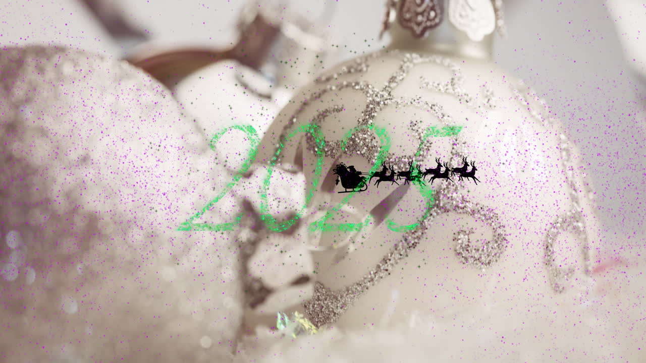 Animation of santa in sleigh over christmas baubles and buon anno text with 2025 year