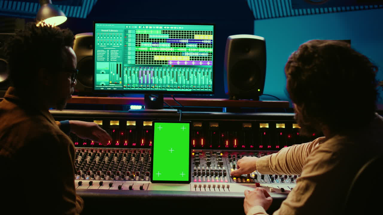 Diverse music experts working with greenscreen on tablet and mixing console