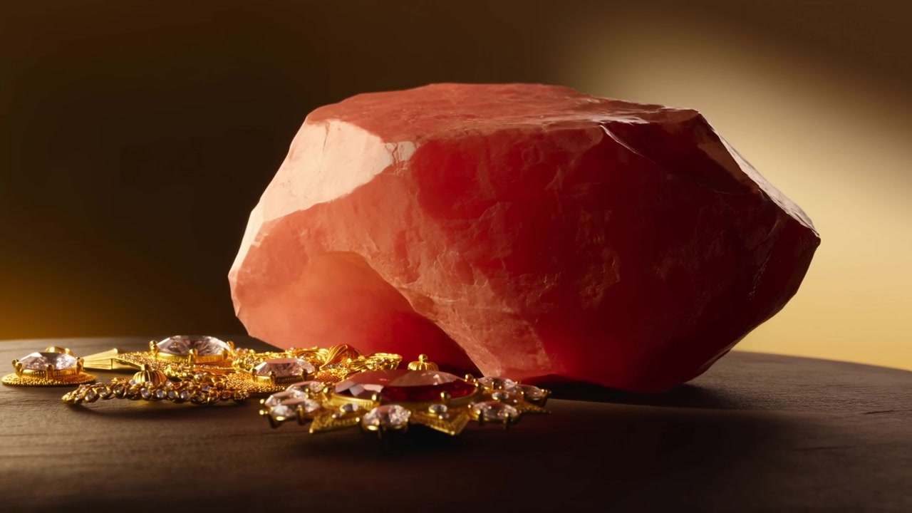 Camera pushing in, light shifting, showing texture, shine of large pink stone and pendant on table