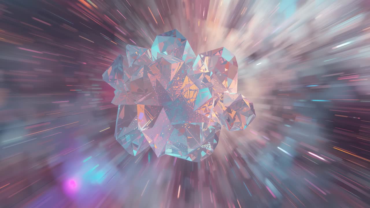 Emerging at start, glowing crystal cluster refracting pastel hues in hyperspace, streaks rushing