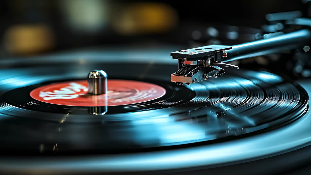 Vinyl record spinning with stylus needle. A turntable stylus plays a vinyl record under bright studio lights creating reflections on the surface