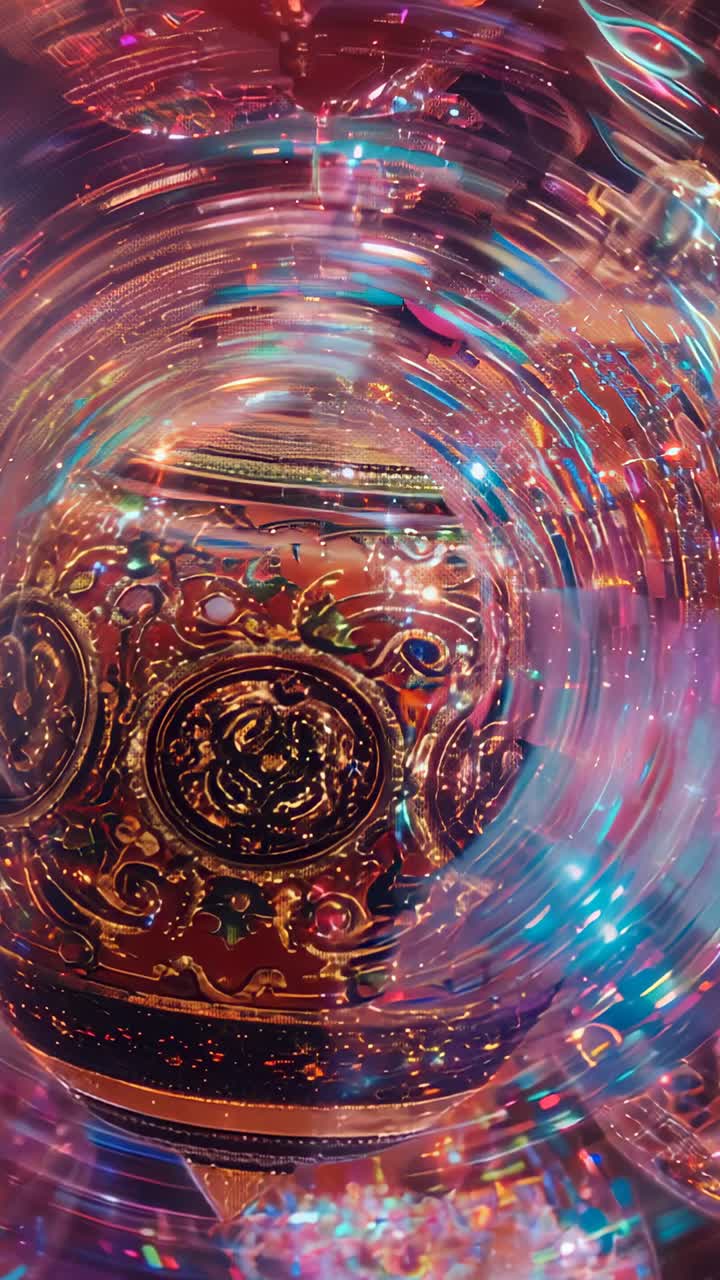 Vertical video: Sending beams forming rotating rings around ceramic pot in dome to show gold motifs