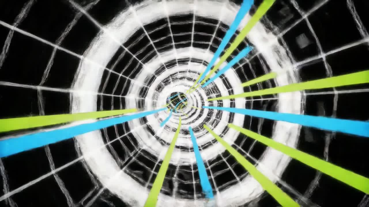 A Dynamic 3D Tunnel Animation Featuring Vivid Blue and Green Lines Against a Dark Background, Capturing a Sense of Movement and Depth in Abstract Visual Art