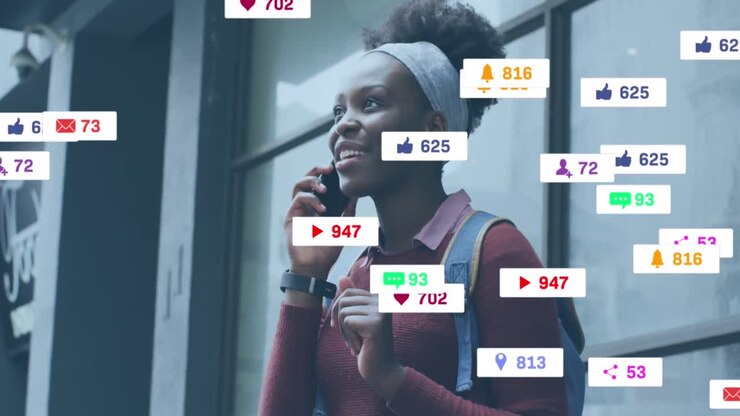 Animation of social media icons with numbers over african american woman talking on smartphone