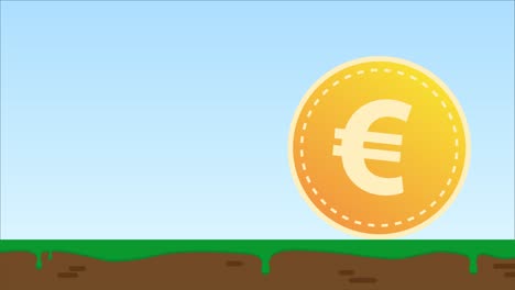 gold coin with euro sign rolling in the green grass - animation