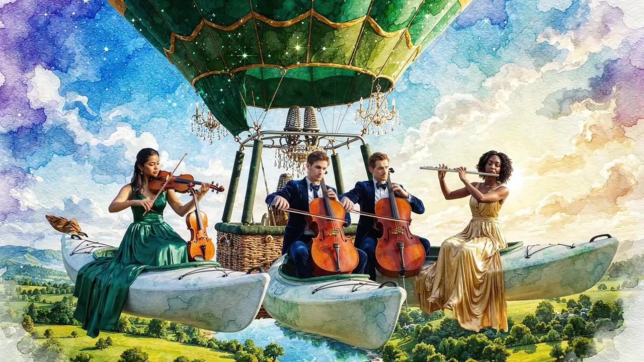 Ein magisches Heißluftballon-Konzert in einer lebendigen Landschaft mit Musikern, die elegant Instrumente spielen, während sie über einem malerischen Fluss und üppigen Feldern schweben.
