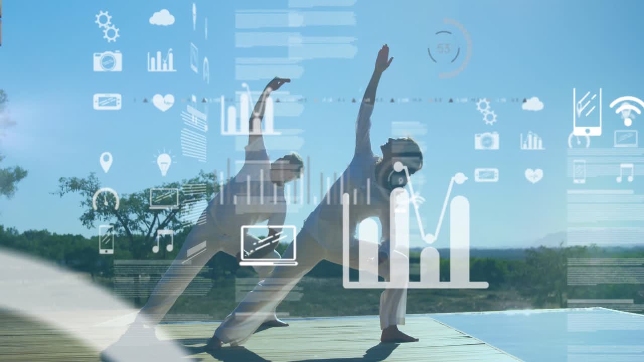 운동하는 백인 커플 위에 떠다니는 사회적 아이콘의 애니메이션