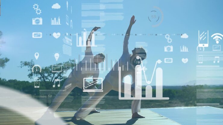 Animation of social icons floating over Caucasian couple exercising