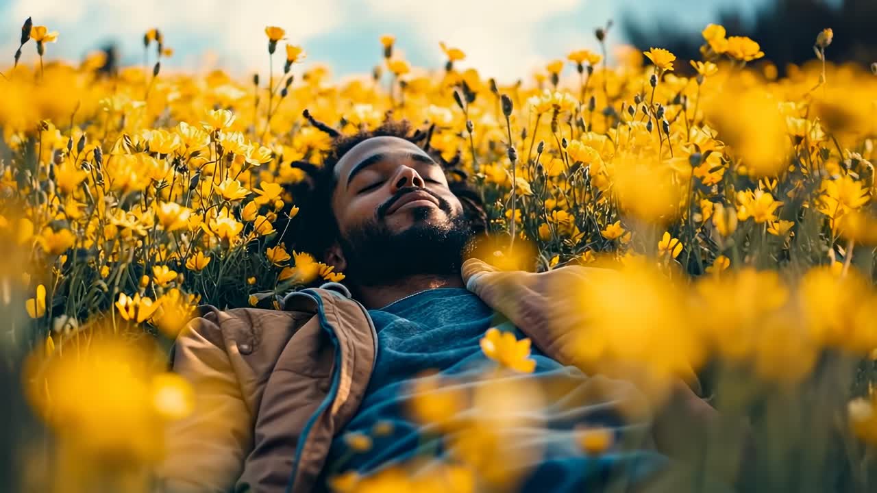 A serene video scene with a man lying in a field of yellow flowers, captured from a low angle