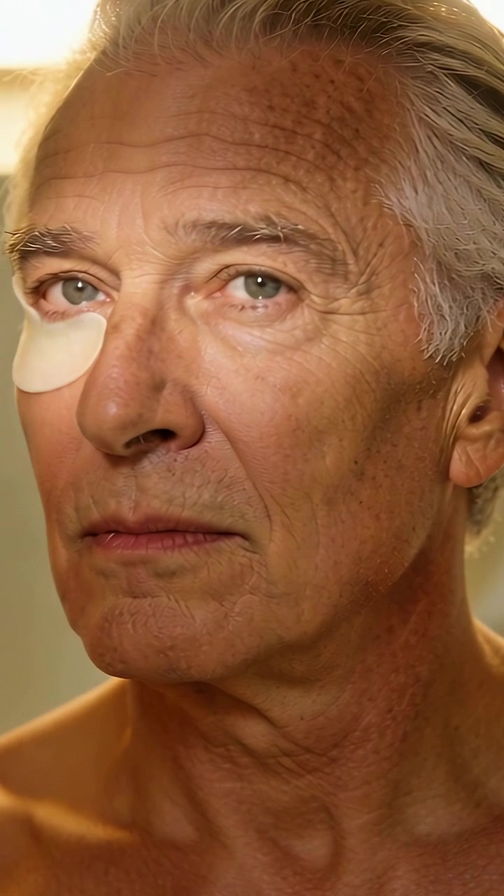 Vertical video: Aligning shirtless senior applying under-eye patch at sink, smoothing for eye care