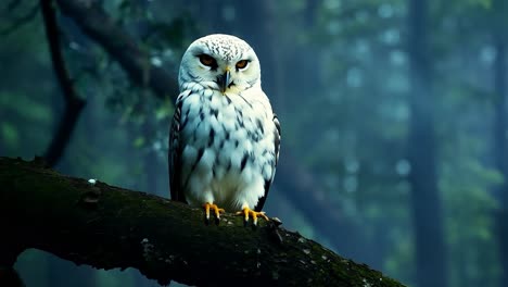 white owl perched on a branch in a forest