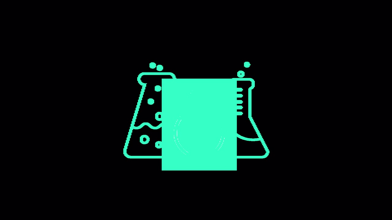 Animación minimalista de matraces de laboratorio con burbujas sobre fondo negro