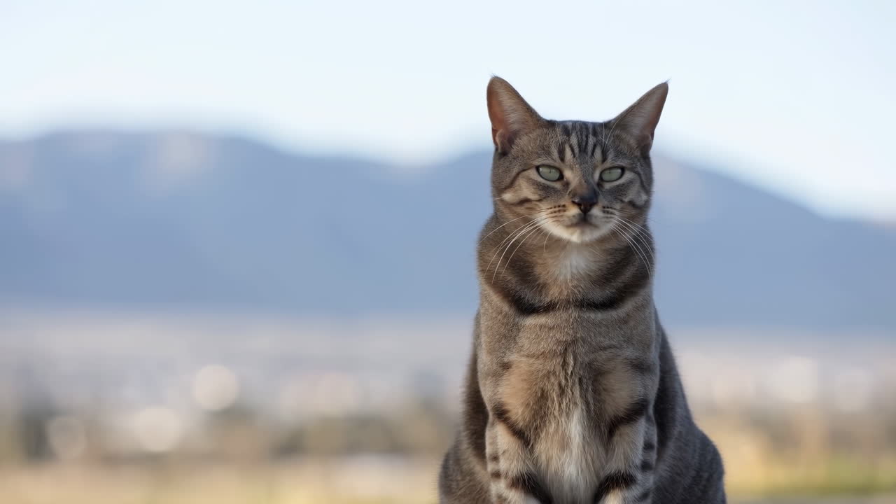 Gatto soriano seduto all'aperto con uno sfondo montano, postura regale e sguardo attento verso l'orizzonte, luce solare soffusa.