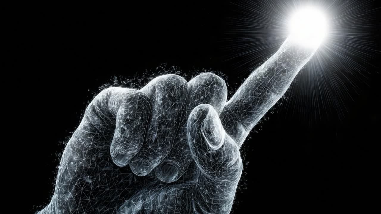 Gesto Illuminato: Una Mano che Indica la Luce, Simboleggiando Connessione, Conoscenza e Innovazione nel Regno Digitale